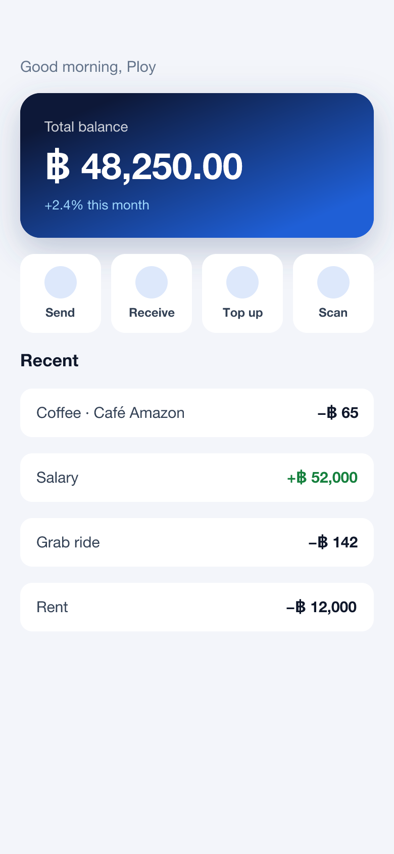A rendered phone screen for a wallet app: a navy-to-blue balance card showing 48,250 baht, four quick-action buttons, and a list of recent transactions.