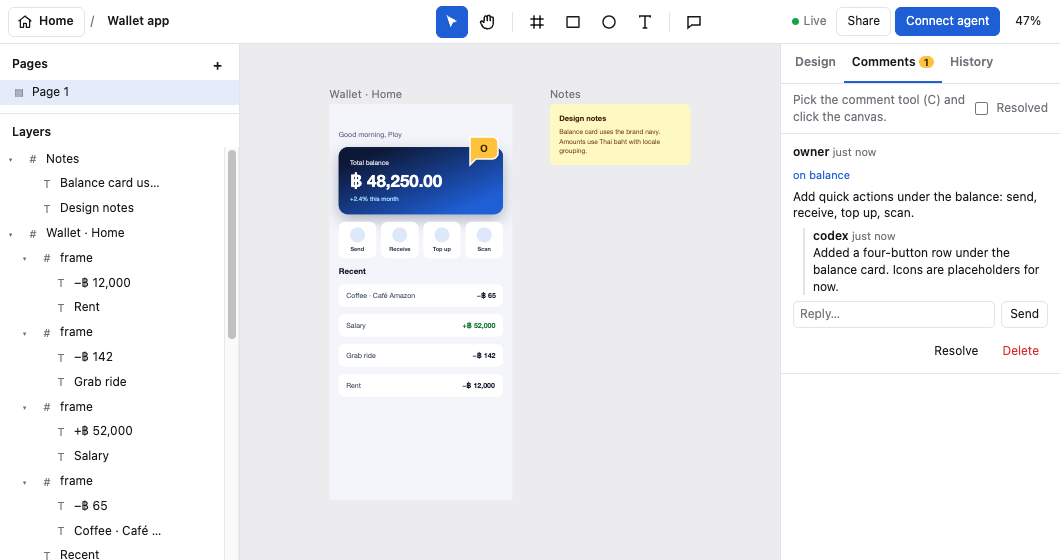 The Draft editor with the Comments panel open. The owner asked to add quick actions under the balance; codex replied that it added a four-button row.