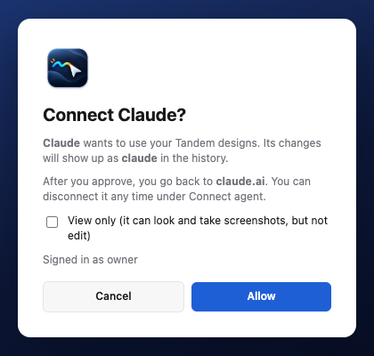 An approval screen titled Connect Claude?, explaining that Claude's changes will show up as claude in the history, with a view-only option and Cancel and Allow buttons.