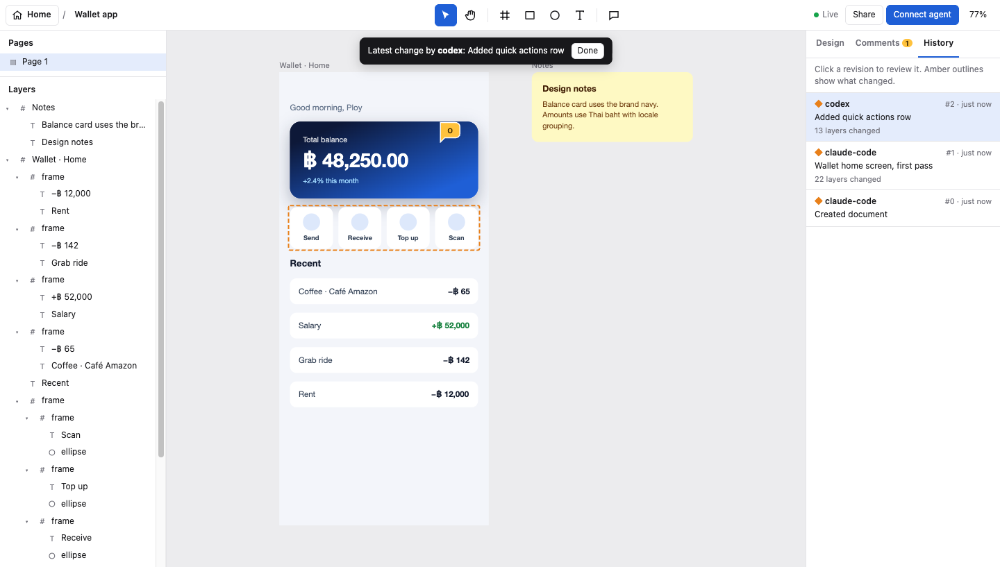 The Draft editor showing a phone-sized wallet design. A dashed amber outline surrounds a row of four quick-action buttons, and a banner reads: Latest change by codex: Added quick actions row. The history panel lists revisions by codex and claude-code.